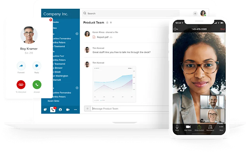 RingCentral interface with messaging, video calls, and VoIP options on desktop and mobile for seamless team communication. (Source: RingCentral’s business VoIP page)