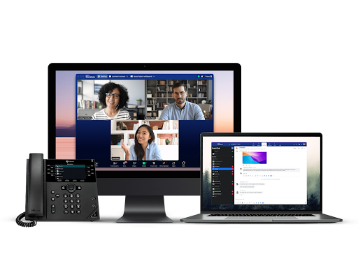Zoom Phone setup showing video conferencing, team chat, and VoIP integration across desktop, laptop, and phone. (Source: Zoom Phone’s VoIP page)