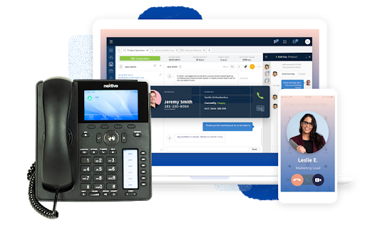 Nextiva interface showcasing VoIP calls, CRM integration, and team communication across desk phone, desktop, and mobile devices. (Source: G2’s Nextiva page)