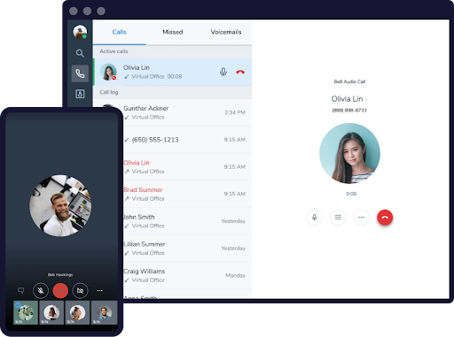 8x8 interface showing VoIP call logs, active calls, voicemails, and virtual office features on desktop and mobile devices. (Source: 8x8’s business phone page)