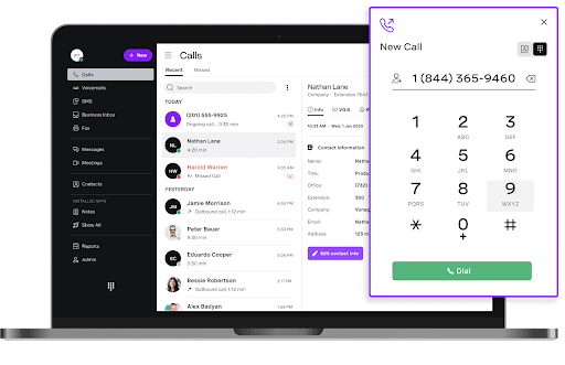 Vonage's desktop app showing call logs, contact details, new call dialing pad, voicemails, and business inbox. (Source: Vonage’s VoIP page)