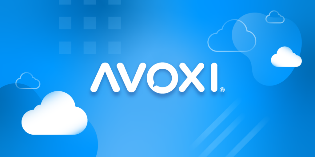 Blue background with white clouds and white AVOXI text