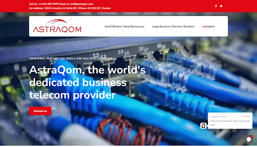 AstraQom’s website homepage shows business telecom services for large enterprises, carriers, and resellers. (Source: AstraQom homepage)