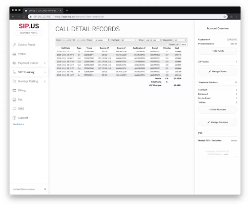 SIP.US’s customer portal, which displays call detail records, SIP trunk management, and telephone number settings (Source: Capterra's SIP.US review page)