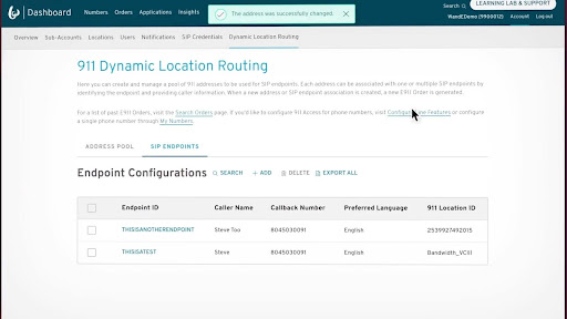 Alt text: Bandwidth’s dashboard displays 911 dynamic location routing and SIP endpoint configurations. (Source: Bandwidth’s YouTube video)