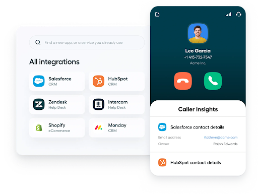 Aircall’s VoIP integration dashboard, which shows CRM and help desk connections with caller insights (Source: Aircall’s CRM page)