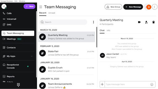 Vonage’s business dashboard shows a team messaging screen, recent chats, call and voicemail options, and collaboration tools (Source: Vonage’s contact center agent)