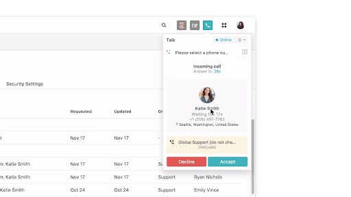 Zendesk Talk’s panel shows an incoming support call with caller details, wait time, and accept/decline options for the agent (Source: Zendesk Talk’s YouTube channel)