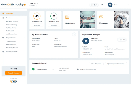 Global Call Forwarding’s dashboard shows phone numbers, outbound calls, account and payment info, support, and live chat