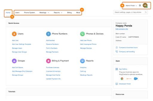 RingCentral’s admin portal dashboard provides quick access to users, billing, reports, and company details