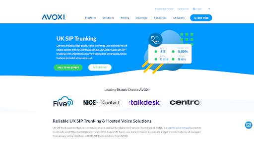 Alt text: The AVOXI UK SIP Trunking page highlights unlimited concurrent calls and advanced features