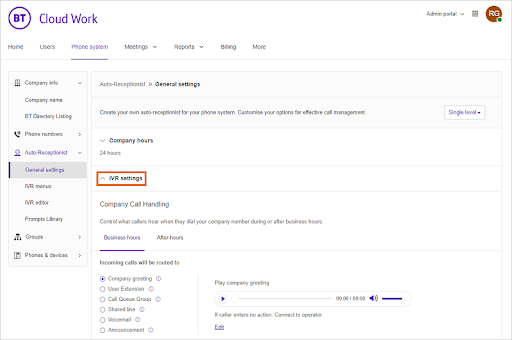 Screenshot of BT Cloud Work's admin portal showing general settings for IVR and call routing (Source: BT Cloud phone page)