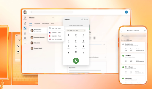 RingCentral’s interface shows a dial pad, call history, user licenses, and multi-device connectivity (Source: RingEX’s business phone page)