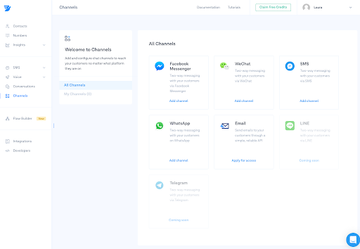 MessageBird’s dashboard displays messaging channels like Facebook Messenger, WhatsApp, WeChat, SMS, email, LINE, and Telegram (Source: MessageBird developers page)