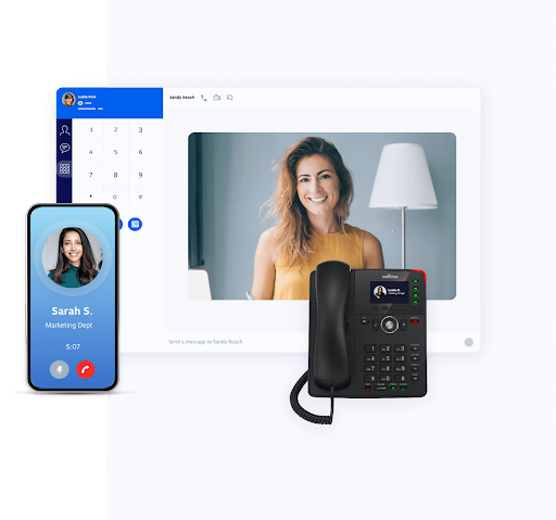 Nextiva business phone system showing mobile call screen, desktop video call, and a desk phone (Source: Nextiva small business VoIP page)