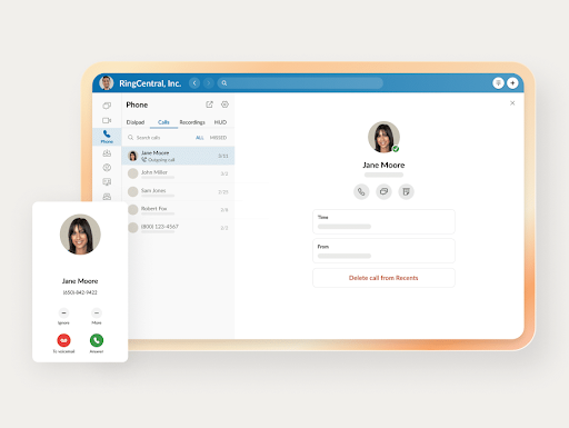 RingCentral’s desktop interface showing call history for a user profile alongside an incoming call on a mobile phone (Source: RingCentral PBX page)