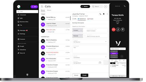 Vonage Business desktop interface showing call logs, contact activity, and live call management tools