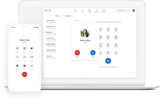 Zoom Phone desktop showing an active desktop call screen, dial pad, and call history alongside a mobile call screen (Source: Capterra Zoom Phone page)